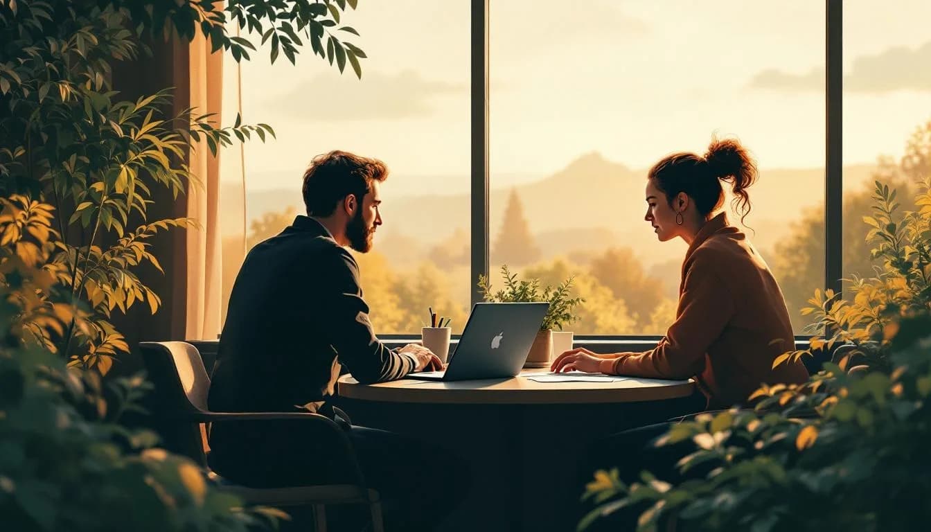 Twee ondernemers aan een vergadertafel met laptop en schetsblok, werksessie over AI-beleid — de realiteit van compliance is minder zwaar dan de kop suggereert.