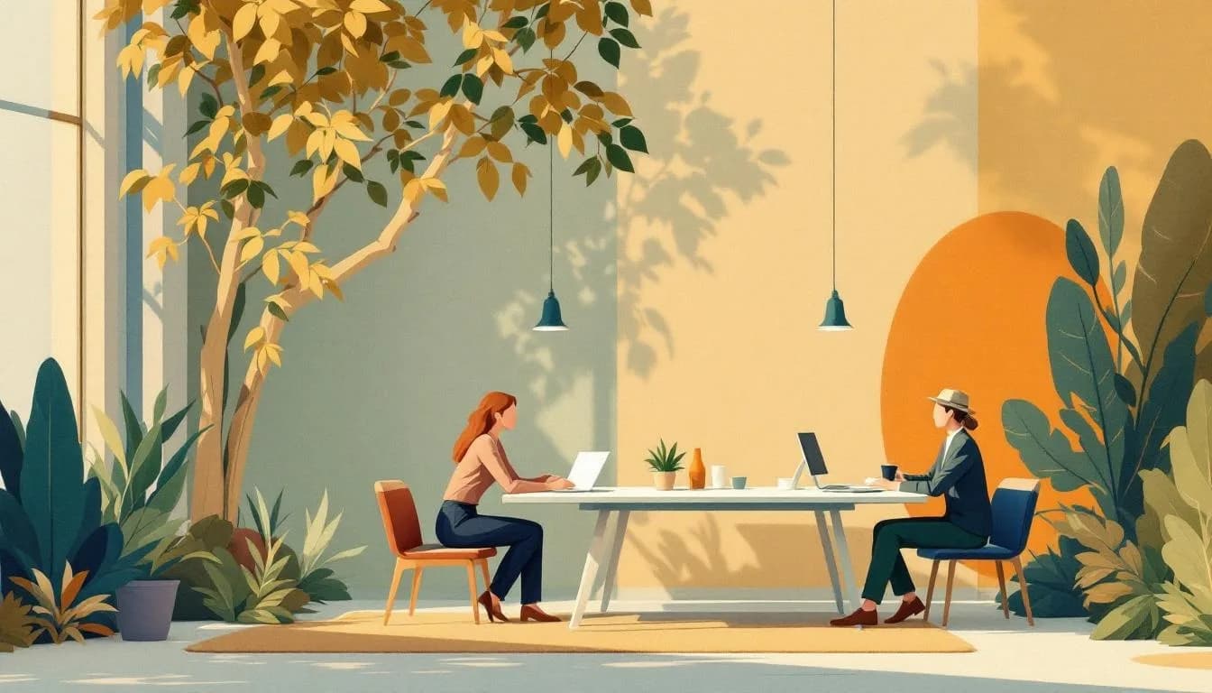 Platte illustratie van een netwerkbijeenkomst in een Kempisch dorp: ondernemers aan statafels, warme verlichting, handdruk op voorgrond.