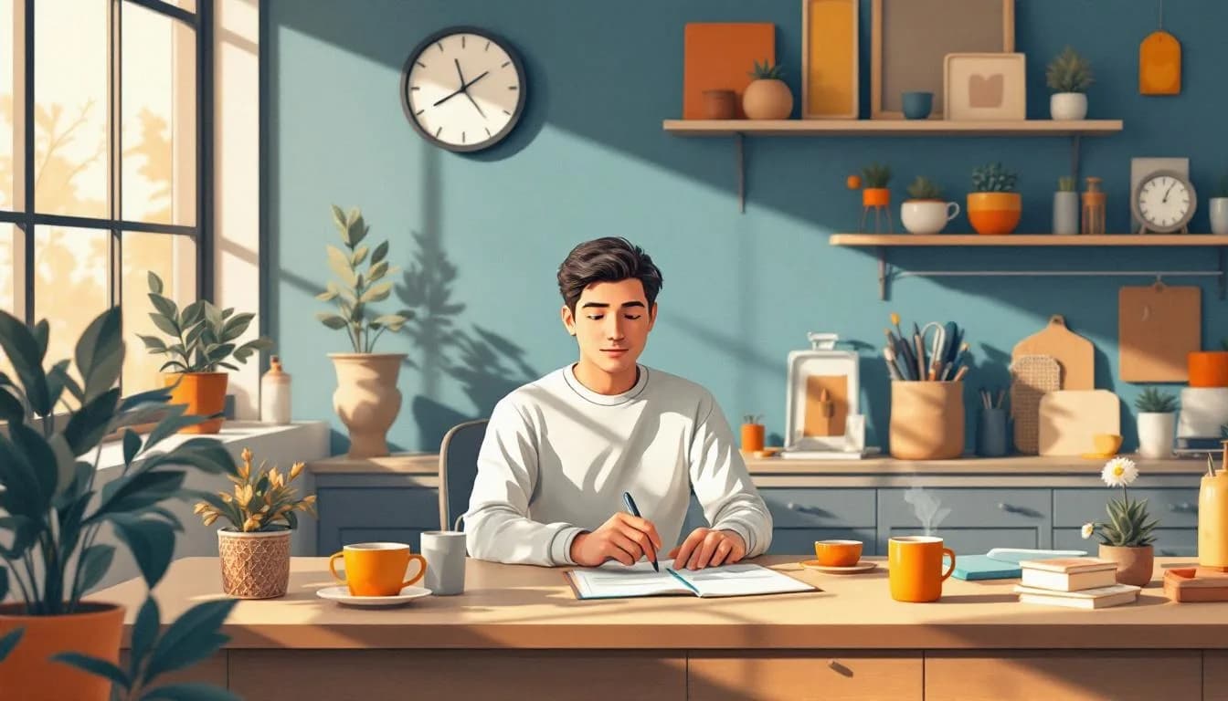 Platte illustratie van iemand aan keukentafel die LinkedIn-bericht typt, koffie ernaast, schetsblok met namen — follow-up als dagelijkse gewoonte.