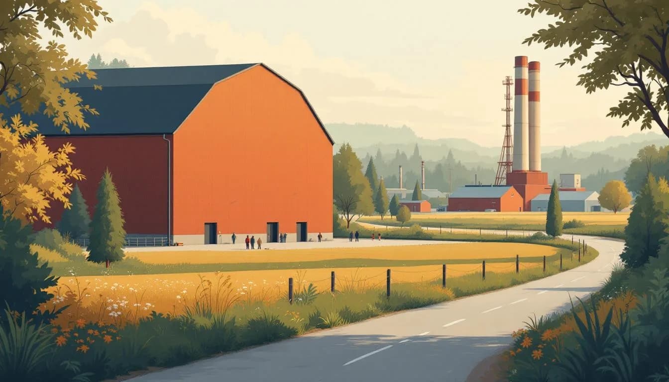 Schets van een Vlaamse industriehal met schoorsteen en een grote bedrijvenzone in zacht avondlicht.