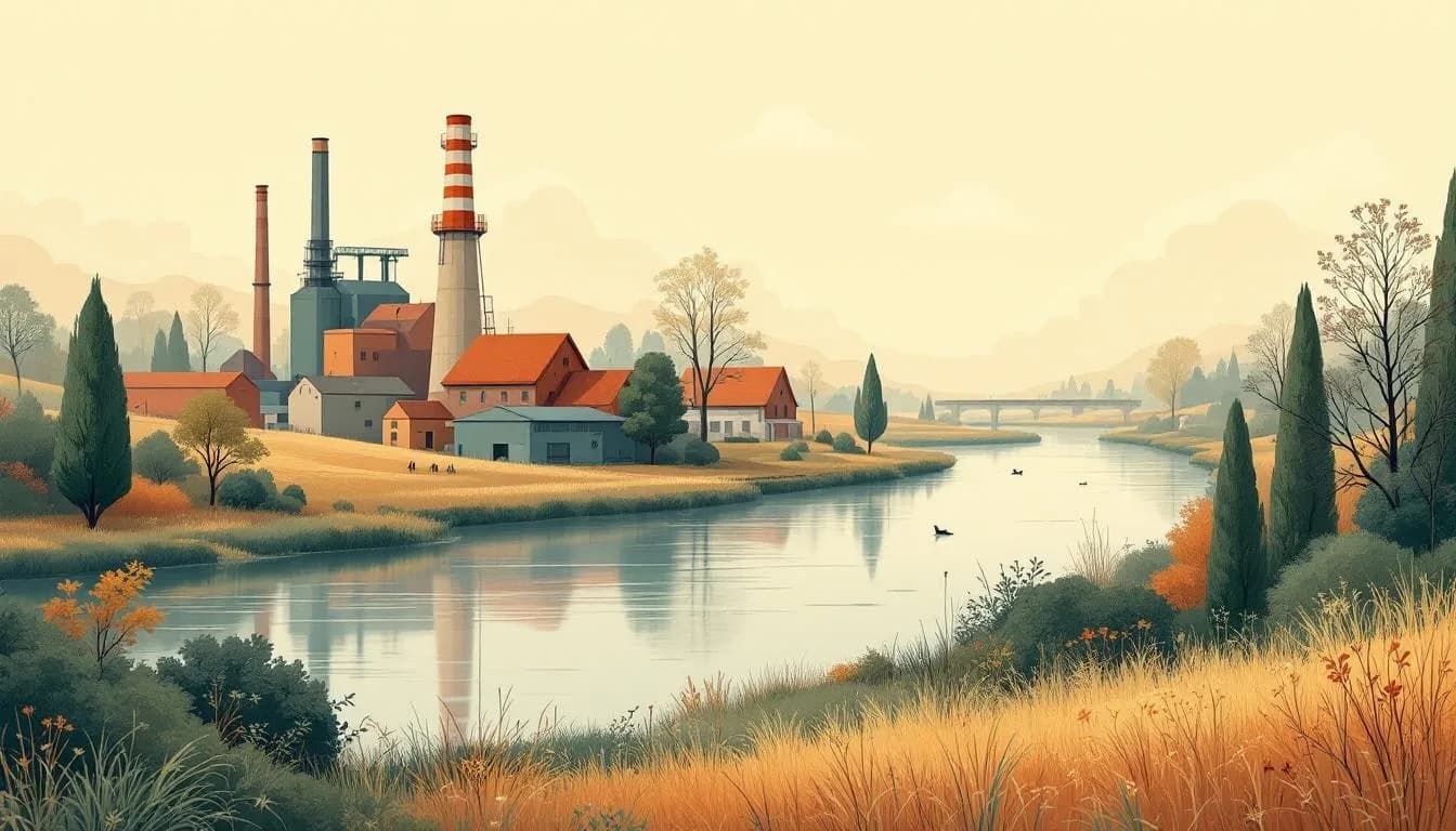 Schets van industriële schoorstenen en kmo-loodsen langs een Kempisch kanaal in late namiddagzon, in de stijl van een Vlaams landschapspaneel.