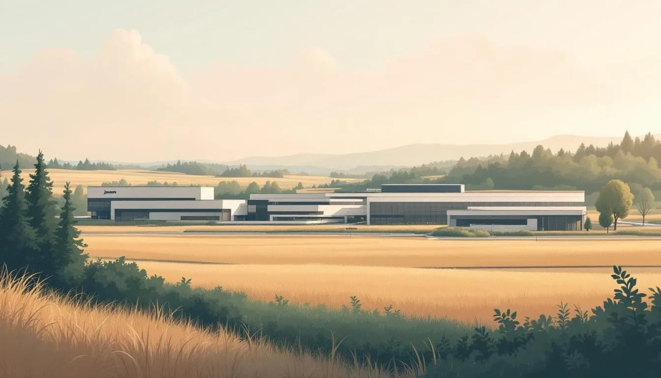 Schets van een witte farmaceutische campus aan de Kempense rand met grasvelden en bossen op de achtergrond, late namiddagzon, in de stijl van een Vlaams landschap.