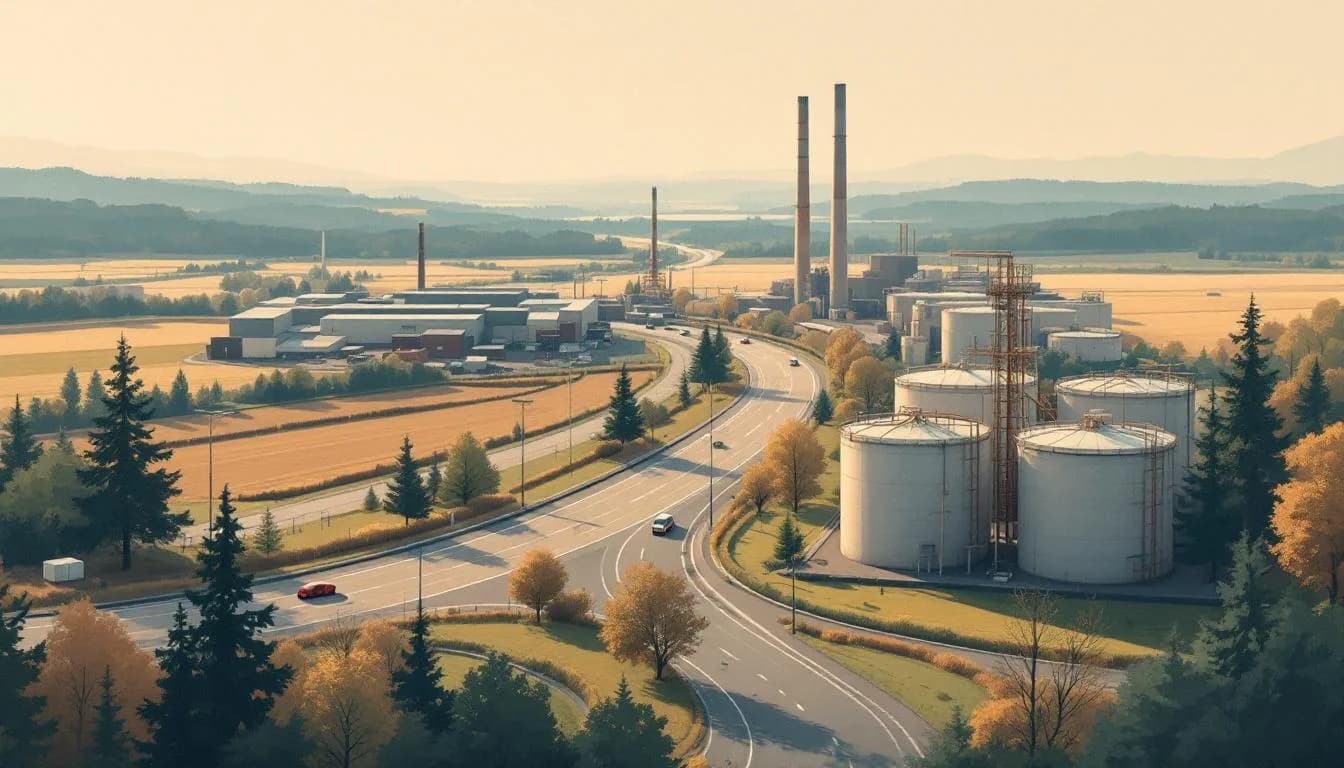 Brueghel-achtige schets van een industriezone aan de E313 met loodsen, opslagtanks en logistiek verkeer.