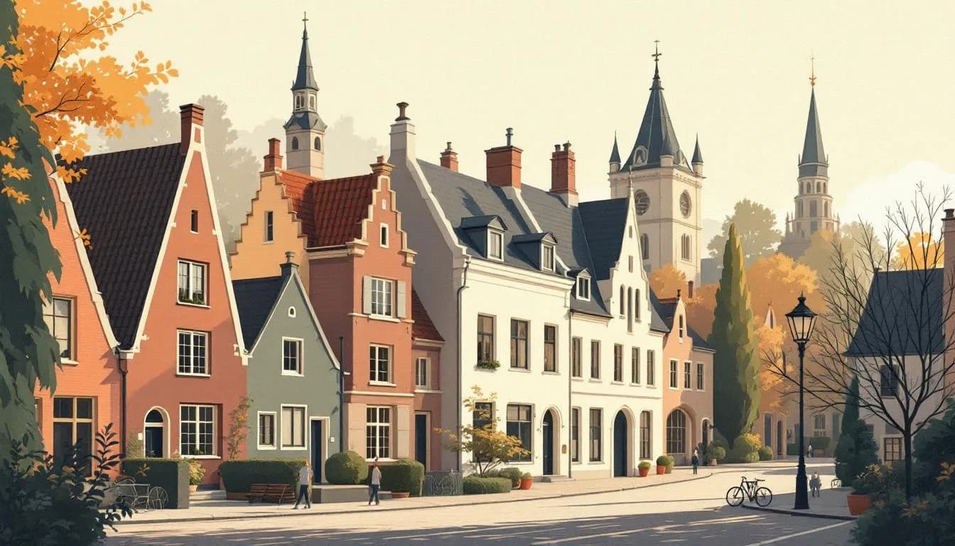 Schets van het Begijnhof Hoogstraten en de Sint-Katharinakerktoren in late namiddagzon, in de stijl van een Vlaams renaissance-paneel.