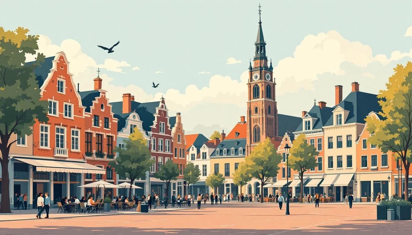 Brueghel-achtige schets van de Grote Markt van Turnhout met historische gevels en een drukte van ondernemers.