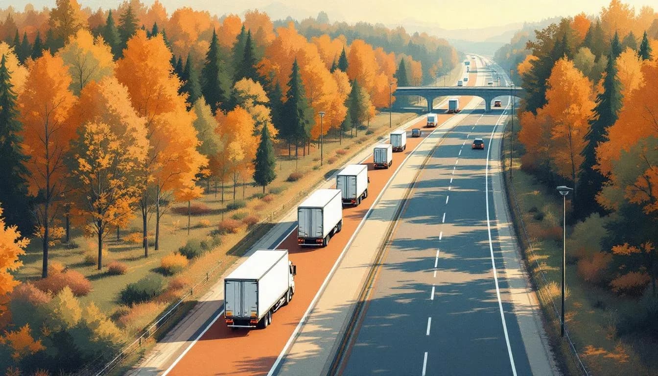 Brueghel-achtige schets van een Kempische kmo-zone met loodsen en logistiek verkeer langs een ringweg.