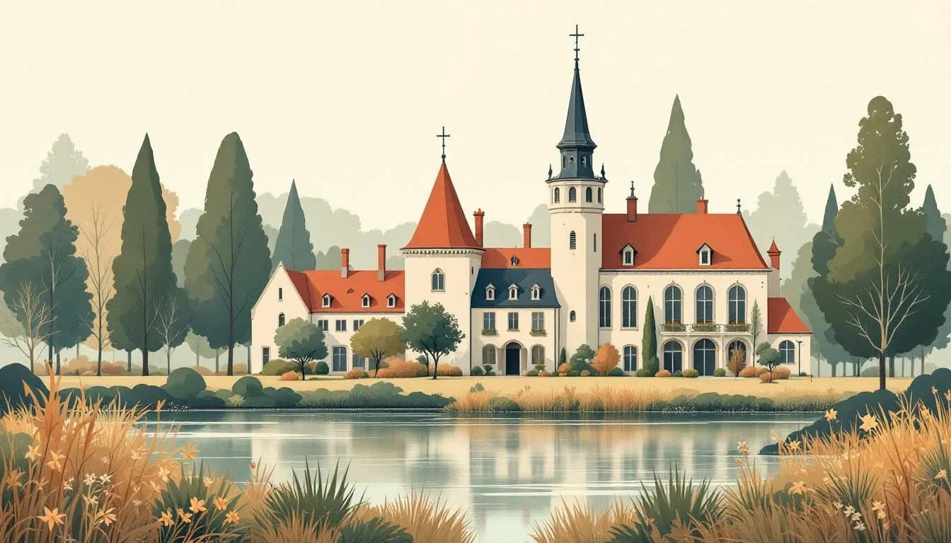 Schets van een Vlaams gemeentehuis in neogotische stijl met groene vijver en bomen ervoor.