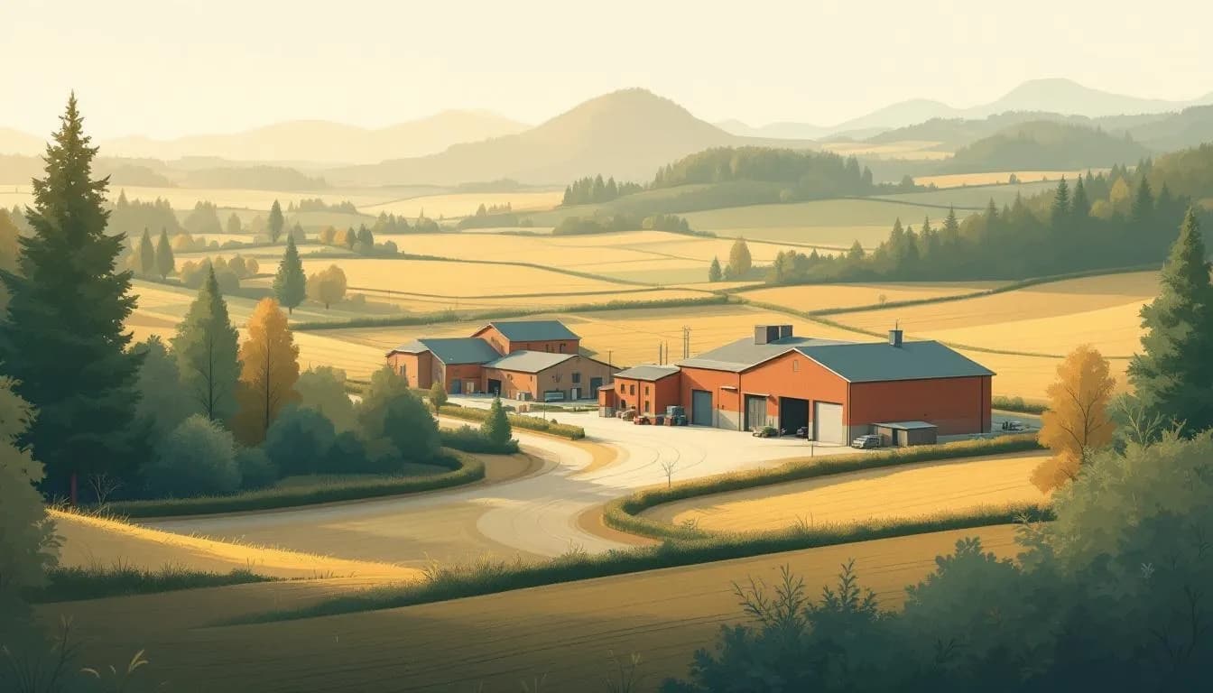 Schets van een Kempisch landschap met bedrijvenhal aan de rand van het dorp, glooiend agrarisch achterland, late-namiddagzon.