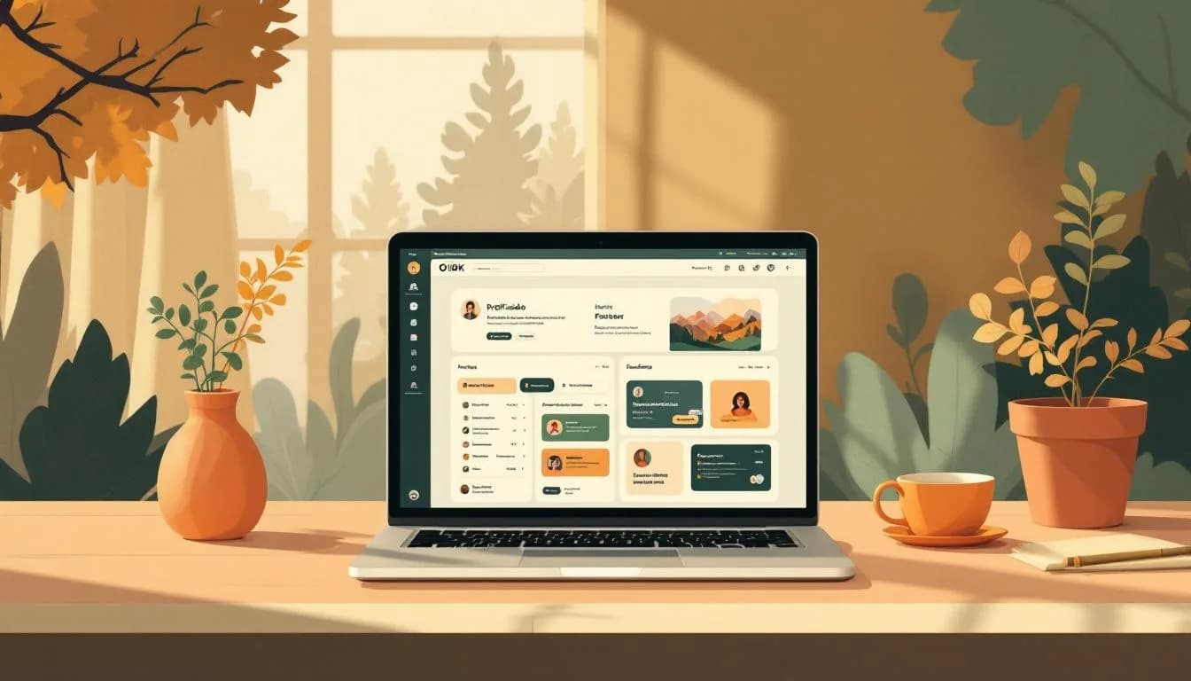 Laptop met het OIDK-profieldashboard open, met zichtbaar een ingevuld bedrijfsprofiel met logo en foto's.
