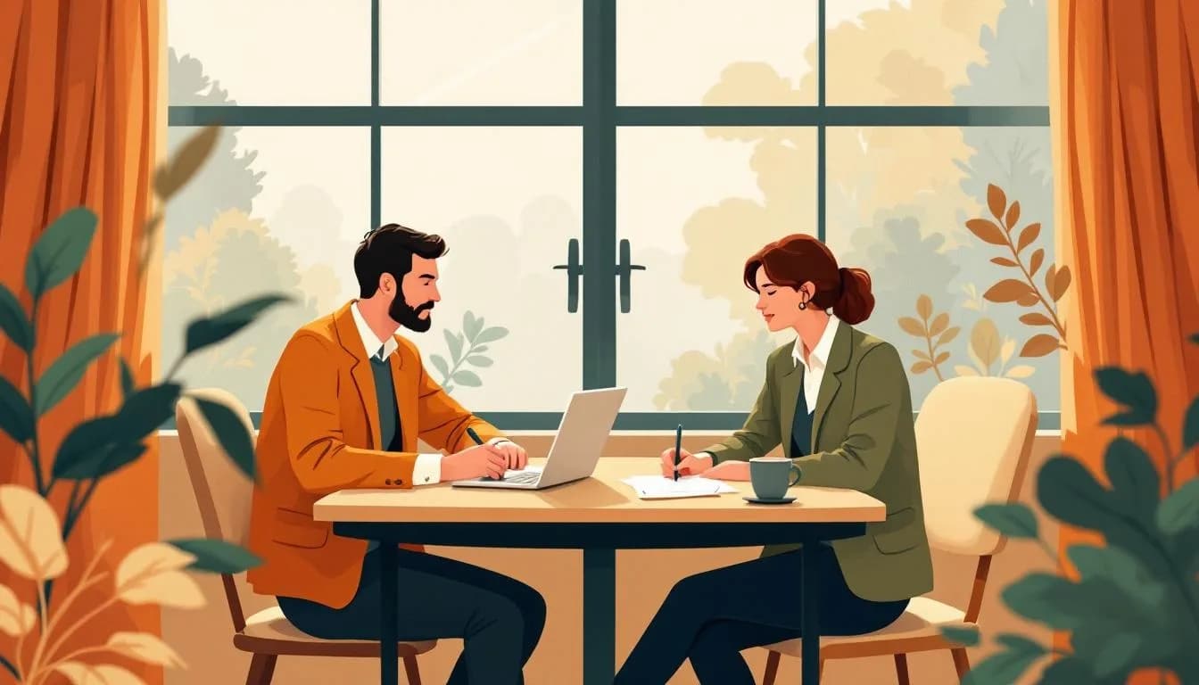 Twee ondernemers tekenen samenwerkingsovereenkomst, laptop en koffie op tafel.