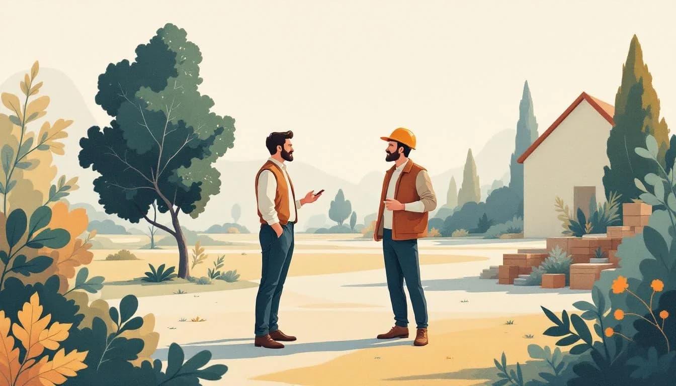 Twee ondernemers in gesprek op bouwlocatie, plattegrond en offerte erbij.