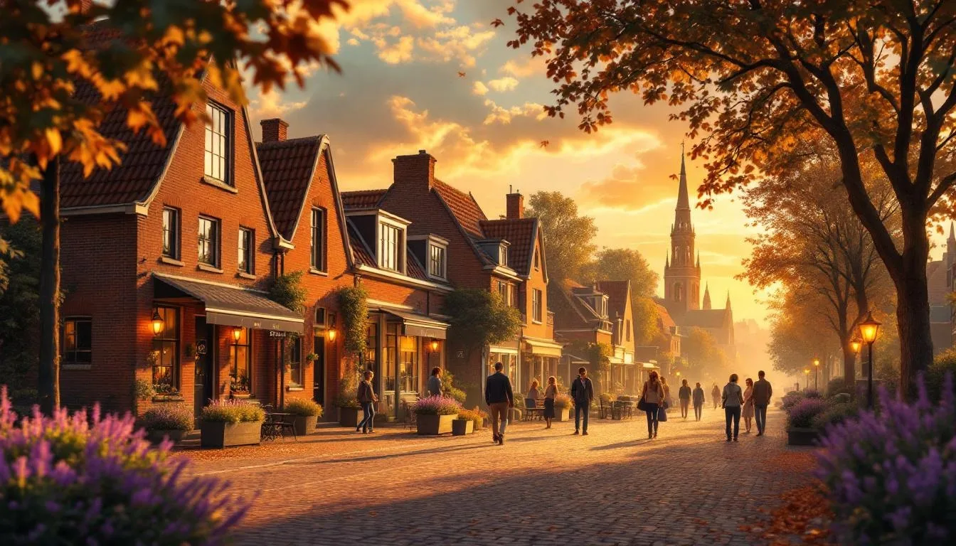 Kempen dorpsgezicht bij zonsondergang